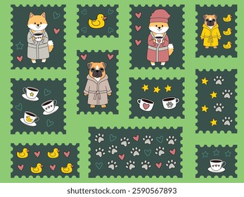 Cute shiba inu and boxer dogs in cozy bathrobes pattern