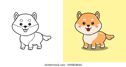 Cute shiba inu breed dog coloring page for kids. Children activity. Flat style cartoon vector. 