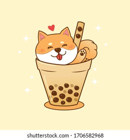 cute shiba inu in bubble tea cup  boba logo for drink store cartoon hand drawn