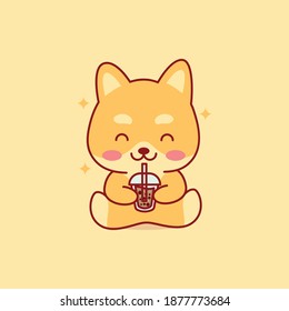 cute shiba inu in bubble tea cup. boba logo for drink store.cartoon hand drawn