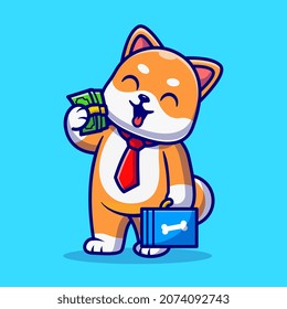 Cute Shiba Inu Business Holding Money Cartoon Vector Icon Illustration. Animal Business Icon Concept Isolated Premium Vector. Flat Cartoon Style