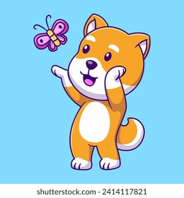 Cute Shiba Inu With Butterfly Cartoon Vector Icons Illustration. Flat Cartoon Concept. Suitable for any creative project.