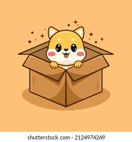 Cute Shiba Inu in Cardboard Box Cartoon Vector Icon Illustration. Animal Nature Icon Concept Isolated Premium Vector. Flat Cartoon Style