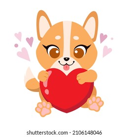 Cute Shiba Inu celebrates valentine's day. Flat vector cartoon design