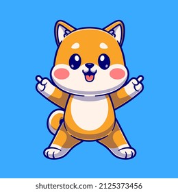 Cute Shiba Inu Celebrating Cartoon Vector Icon Illustration. Animal Nature Icon Concept Isolated Premium Vector. Flat Cartoon Style