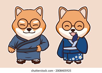 Cute shiba inu character wearing traditional Japanese kimono and glasses 