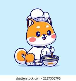 Cute Shiba Inu Chef Cooking Cartoon Vector Icon Illustration. Animal Food Icon Concept Isolated Premium Vector. Flat Cartoon Style