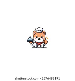 Cute shiba inu chef holding a plate and giving a thumbs up cartoon, vector illustration