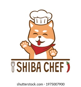 Cute Shiba Inu chef wearing red scarf and chef hat. Animal food icon concept. 