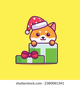 Cute shiba inu in christmas gift simple cartoon vector illustration christmas concept icon isolated