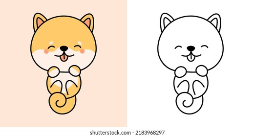Cute Shiba Inu Clipart for Coloring Page and Illustration.  Happy Clip Art Shiba Dog. Vector Illustration of a Kawaii Shiba Inu Puppy for Stickers, Prints for Clothes, Baby Shower, Coloring Pages.
