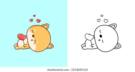 Cute Shiba Inu Clipart Illustration and Black and White. Funny Puppy Art. Vector Illustration of a Kawaii Animal for Coloring Pages, Stickers, Baby Shower, Prints for Clothes.
