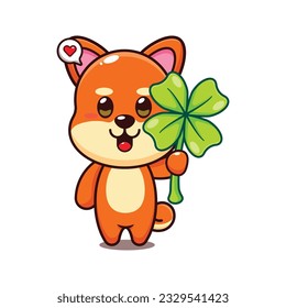 cute shiba inu with clover leaf cartoon vector illustration.