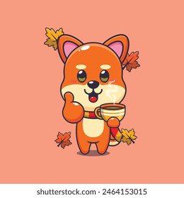 Lindo shiba inu con café en la temporada de otoño. Ilustración vectorial de dibujos animados de la mascota conveniente para el póster, folleto, Web, mascota, etiqueta engomada, logotipo e icono.