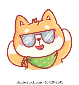 Cute Shiba Inu cool, dude, awesome, cocky emotions wearing glasses. Set of dog characters in vector hand drawn style, cartoon illustrations. As logo, mascot, sticker, emoji, emoticon