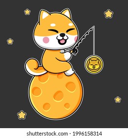 cute shiba inu design on the moon fishing dogecoin