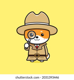 Cute shiba inu detective holding magnifier cartoon icon illustration. Design isolated flat cartoon style