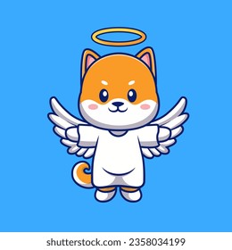 Cute Shiba Inu Dog Angel Flying Cartoon Vector Icon Illustration. Animal Holiday Icon Concept Isolated Premium Vector. Flat Cartoon Style