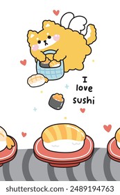 Lindo shiba inu perro ángeles que vuelan sostienen el fondo de la cesta de sushi. comida japonesa. diseño de dibujos animados de carácter animal doméstico. Imagen para tarjeta, póster, pegatina. producto del bebé. Kawaii. Vector. ilustración.