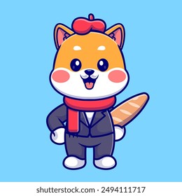 Lindo Shiba Inu Perro Artista Sosteniendo Pan Dibujos Animados Vector Ilustración. Concepto de ícono de comida animal Vector Premium aislado. Estilo plano de dibujos animados