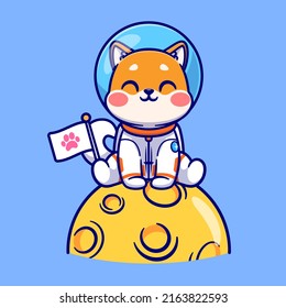 Cute Shiba Inu Dog Astronaut Sitting On Moon Cartoon Vector Icon Illustration. Animal Science Icon Concept Isolated Premium Vector. Flat Cartoon Style