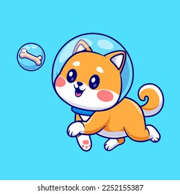 Astronauta Cute Shiba Inu Perro Capturando Hueso En Ilustración De Icono Vector De Caricaturas Espaciales. Concepto de icono de la naturaleza animal Vector Premium aislado. Estilo de dibujo plano