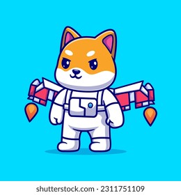 Cute Shiba Inu Dog Astronaut With Rocket Wings Cartoon Vector Icon Illustration. Animal Science Icon Concept Isolated Premium Vector. Flat Cartoon Style