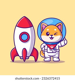 Cute Shiba Inu Dog Astronaut With Rocket Cartoon Vector Icon Illustration. Animal Science Icon Concept Isolated Premium Vector. Flat Cartoon Style