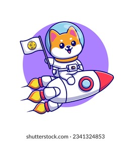 Cute Shiba Inu Dog Astronaut Riding Rocket With Flag Cartoon Vector Icon Illustration. Animal Science Icon Concept Isolated Premium Vector. Flat Cartoon Style