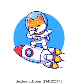 Cute Shiba Inu Dog Astronaut Dabbing On Rocket Cartoon Vector Icon Illustration. Animal Science Icon Concept Isolated Premium Vector. Flat Cartoon Style