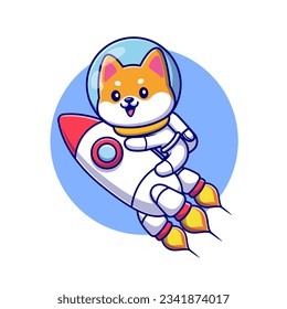 Cute Shiba Inu Dog Astronaut Riding Rocket Cartoon Vector Icon Illustration. Animal Science Icon Concept Isolated Premium Vector. Flat Cartoon Style