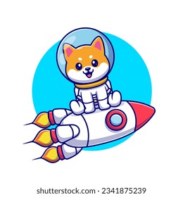 Cute Shiba Inu Dog Astronaut Sitting On Rocket Cartoon Vector Icon Illustration. Animal Science Icon Concept Isolated Premium Vector. Flat Cartoon Style