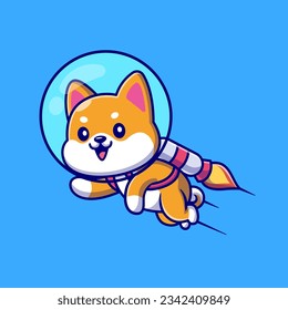 Cute Shiba Inu Dog Astronaut Flying With Rocket Cartoon Vector Icon Illustration. Animal Science Icon Concept Isolated Premium Vector. Flat Cartoon Style