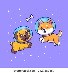 Cute Shiba Inu Dog Astronaut And Pug Dog Astronaut Catching Bone In Space Cartoon Vector Icon Illustration. Animal Science Icon Concept Isolated Premium Vector. Flat Cartoon Style