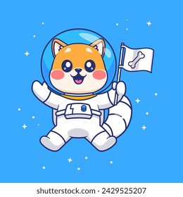 Cute Shiba Inu Dog Astronaut Holding Bone Flag In Space Cartoon Vector Icon Illustration. Animal Science Icon Concept Isolated Premium Vector. Flat Cartoon Style