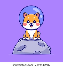 Cute Shiba Inu Dog Astronaut Sitting On Moon Cartoon Vector Icon Illustration. Animal Science Icon Concept Isolated Premium Vector. Flat Cartoon Style