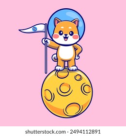 Lindo Shiba Inu Perro Astronauta Sosteniendo La Bandera Del Hueso En La Ilustración Del Icono Del Vector De Dibujos Animados De La Luna. Icono de Tecnología de Ciencia Concepto AisladoVector Premium. Estilo plano de dibujos animados