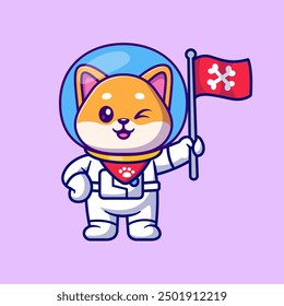 Süße Shiba Inu Hund Astronaut, die Flagge Cartoon Vektor Symbol Illustration. Animal Science Icon Concept Isolated Premium Vector. Flacher Cartoon-Stil