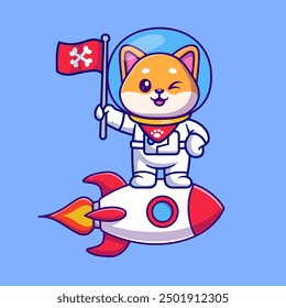 Süße Shiba Inu Hund Astronaut Fliege mit Rakete, die Fahne hält Cartoon-Vektorsymbol-Illustration. Animal Science Icon Concept Isolated Premium Vector. Flacher Cartoon-Stil