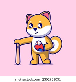 Cute Shiba Inu Dog Baseball Cartoon Vector Icon Illustration. Animal Nature Icon Concept Isolated Premium Vector. Flat Cartoon Style