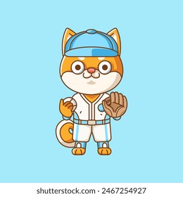 Lindo shiba inu perro Jugador de béisbol animal kawaii chibi personaje mascota ilustración contorno estilo diseño conjunto