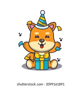 Cute shiba inu dog in birthday party. Cute cartoon animal illustration.