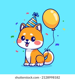 Cute Shiba Inu Dog Birthday Party With Balloon Cartoon Vector Icon Illustration. Animal Holiday Icon Concept Isolated Premium Vector. Flat Cartoon Style
