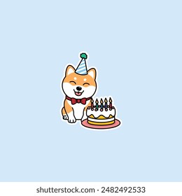 Cute shiba inu dog with birthday cake cartoon, vector illustration