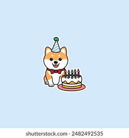 Lindo perro de shiba inu con dibujos animados de torta de cumpleaños, Ilustración vectorial