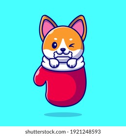 Cute Shiba Inu Dog Bite Bone In Glove Cartoon Vector Icon Illustration. Animal Nature Icon Concept Isolated Premium Vector. Flat Cartoon Style