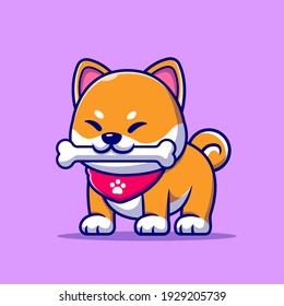 Cute Shiba Inu Dog Bite Bone Cartoon Vector Icon Illustration. Animal Nature Icon Concept Isolated Premium Vector. Flat Cartoon Style