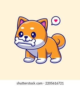 Cute Shiba Inu Dog Bite Bone Cartoon Vector Icon Illustration. Animal Nature Icon Concept Isolated Premium Vector. Flat Cartoon Style