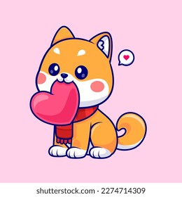 Cute Shiba Inu Dog Bite Love Heart Cartoon Vector Icon Illustration. Animal Holiday Icon Concept Isolated Premium Vector. Flat Cartoon Style