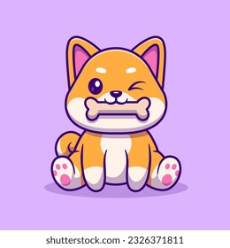 Cute Shiba Inu Dog Bite Bone Cartoon Vector Icon Illustration. Animal Nature Icon Concept Isolated Premium Vector. Flat Cartoon Style